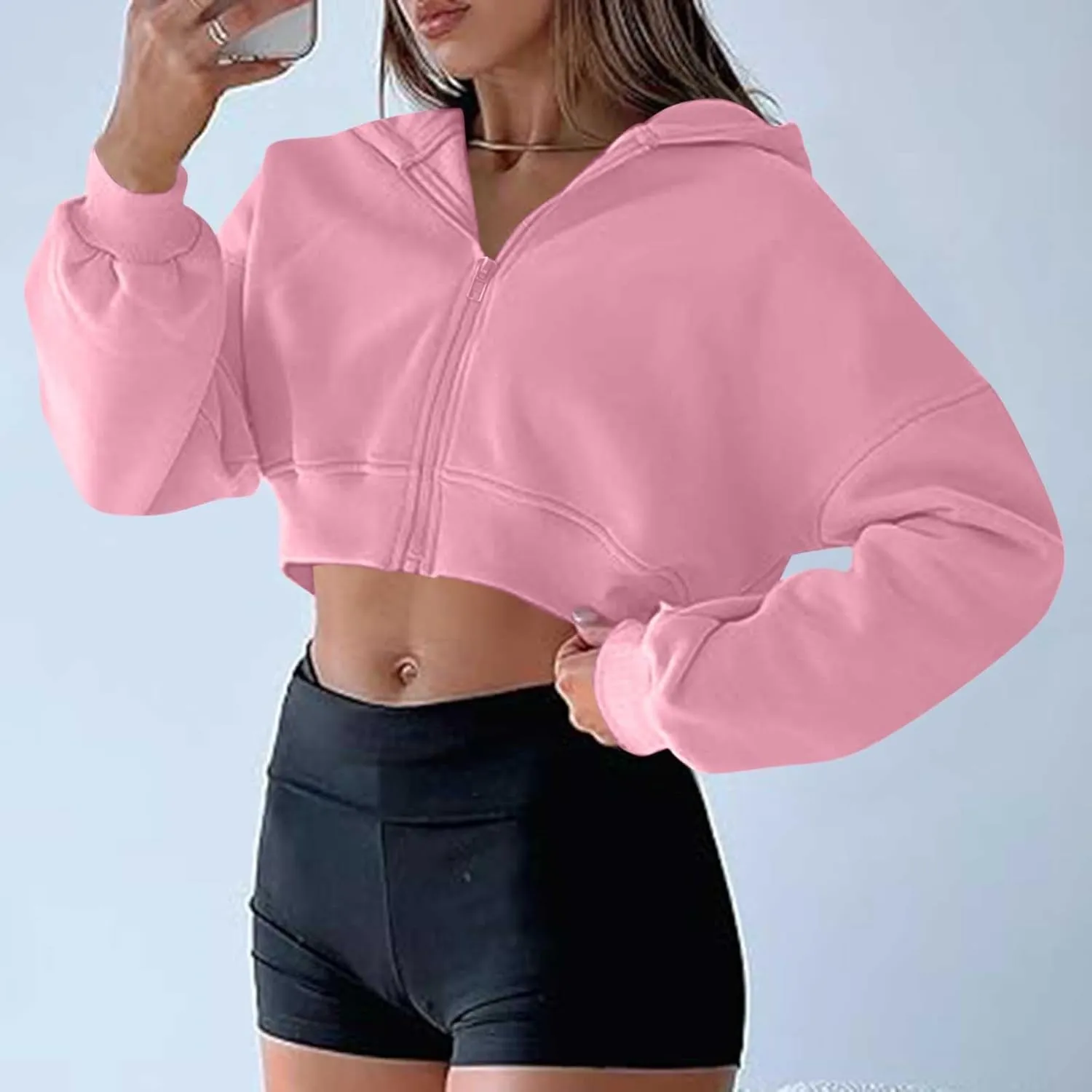 Oversized Half Zipper Cropped Hoodies Sweatshirts for Women2024 Casual V Neck Long Sleeve Solid Color Tunic Tops