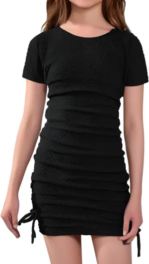 OYOANGLE Girl's Textured Drawstring Side Ruched Short Sleeve Bodycon Pencil Short Dress