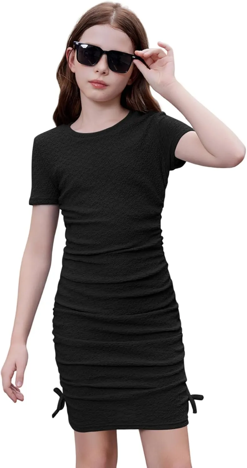 OYOANGLE Girl's Textured Drawstring Side Ruched Short Sleeve Bodycon Pencil Short Dress