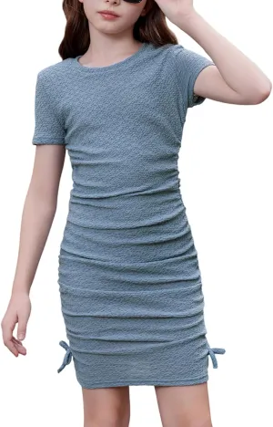 OYOANGLE Girl's Textured Drawstring Side Ruched Short Sleeve Bodycon Pencil Short Dress