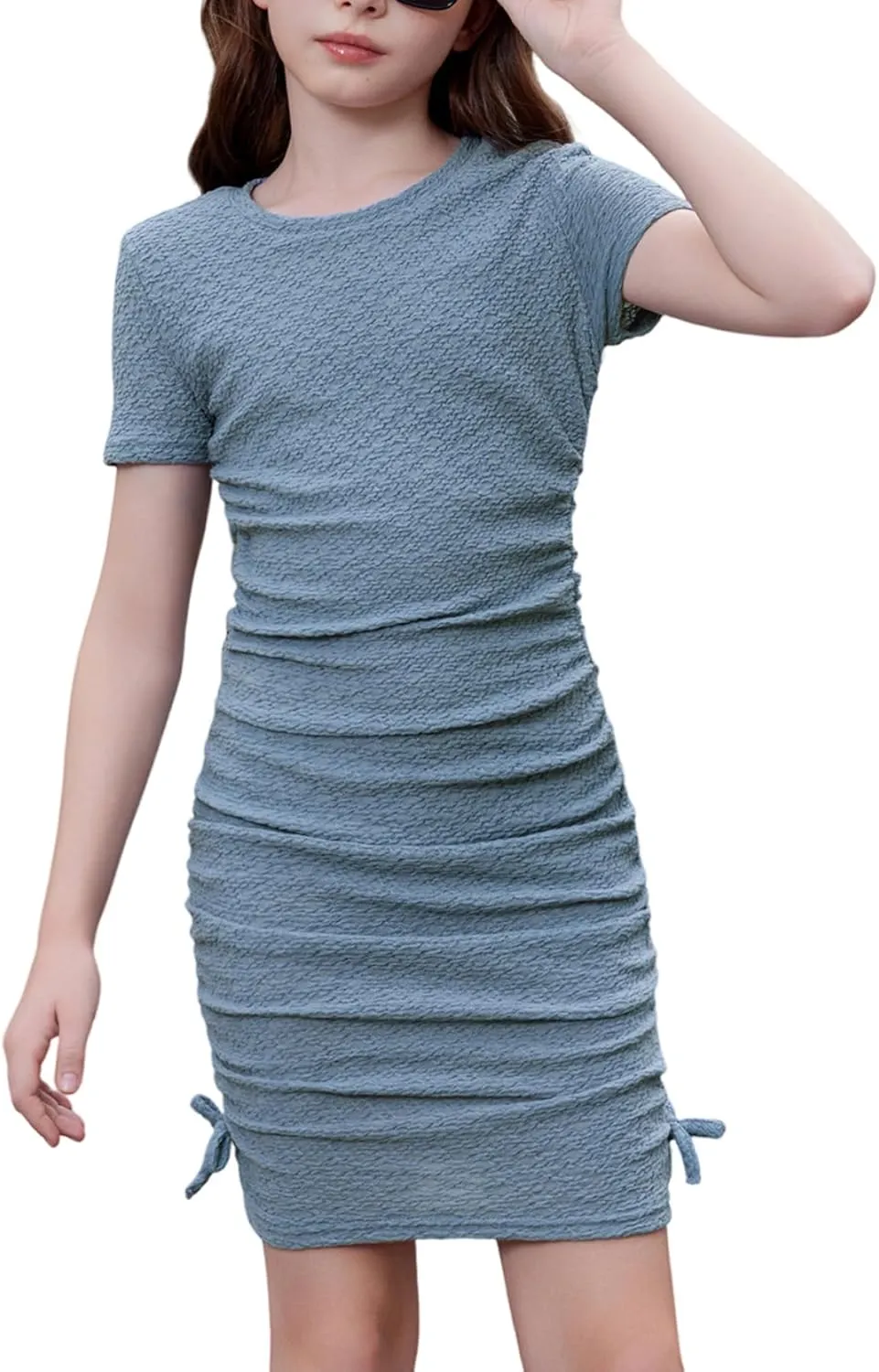 OYOANGLE Girl's Textured Drawstring Side Ruched Short Sleeve Bodycon Pencil Short Dress