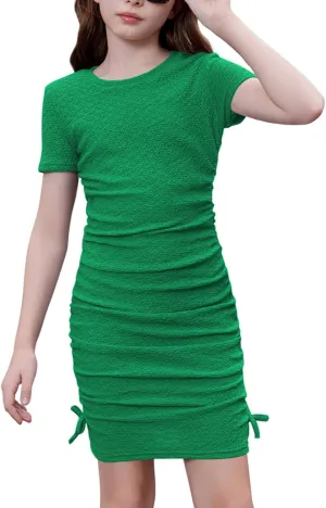 OYOANGLE Girl's Textured Drawstring Side Ruched Short Sleeve Bodycon Pencil Short Dress