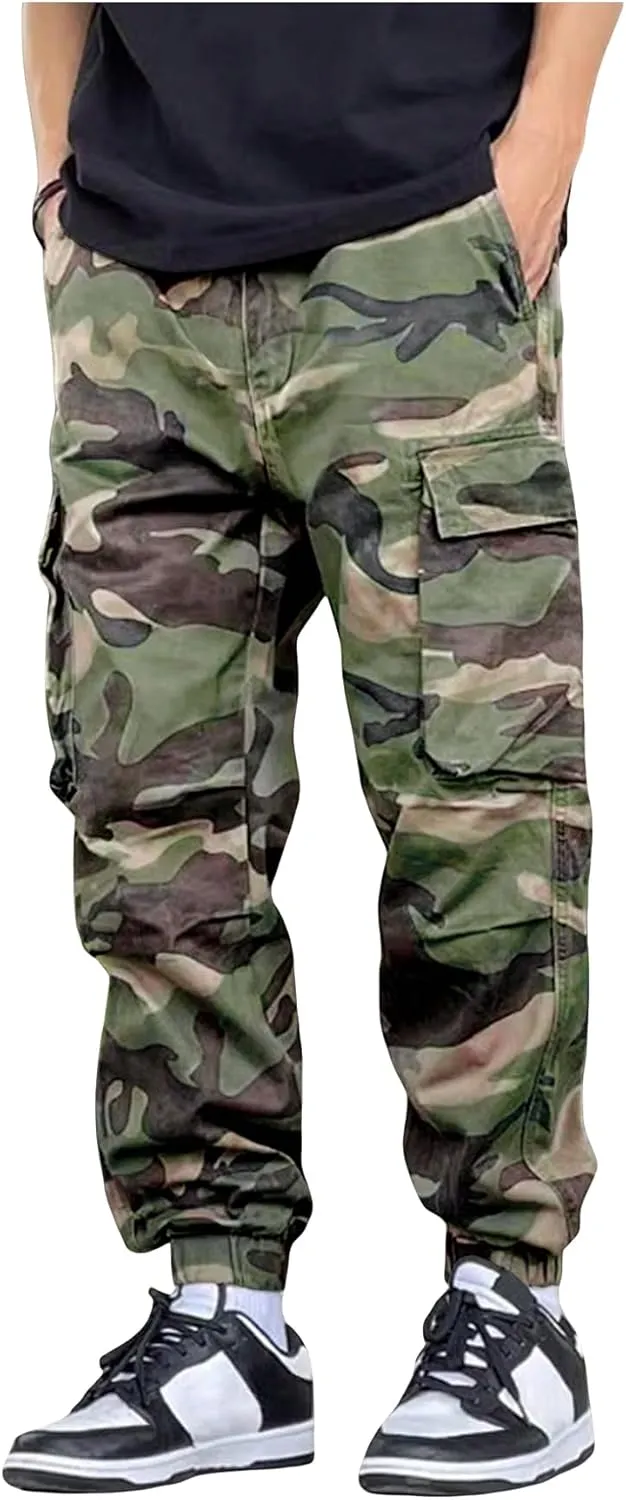 OYOANGLE Men's Camo Print Drawstring Elastic Waist Jogger Pants FLA Pocket Cargo Pants