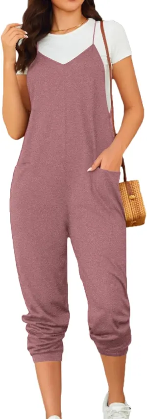 OYOANGLE Women's Causal Sleeveless Harem Leg Suspender Cami Jumpsuit Long Romper with Pockets