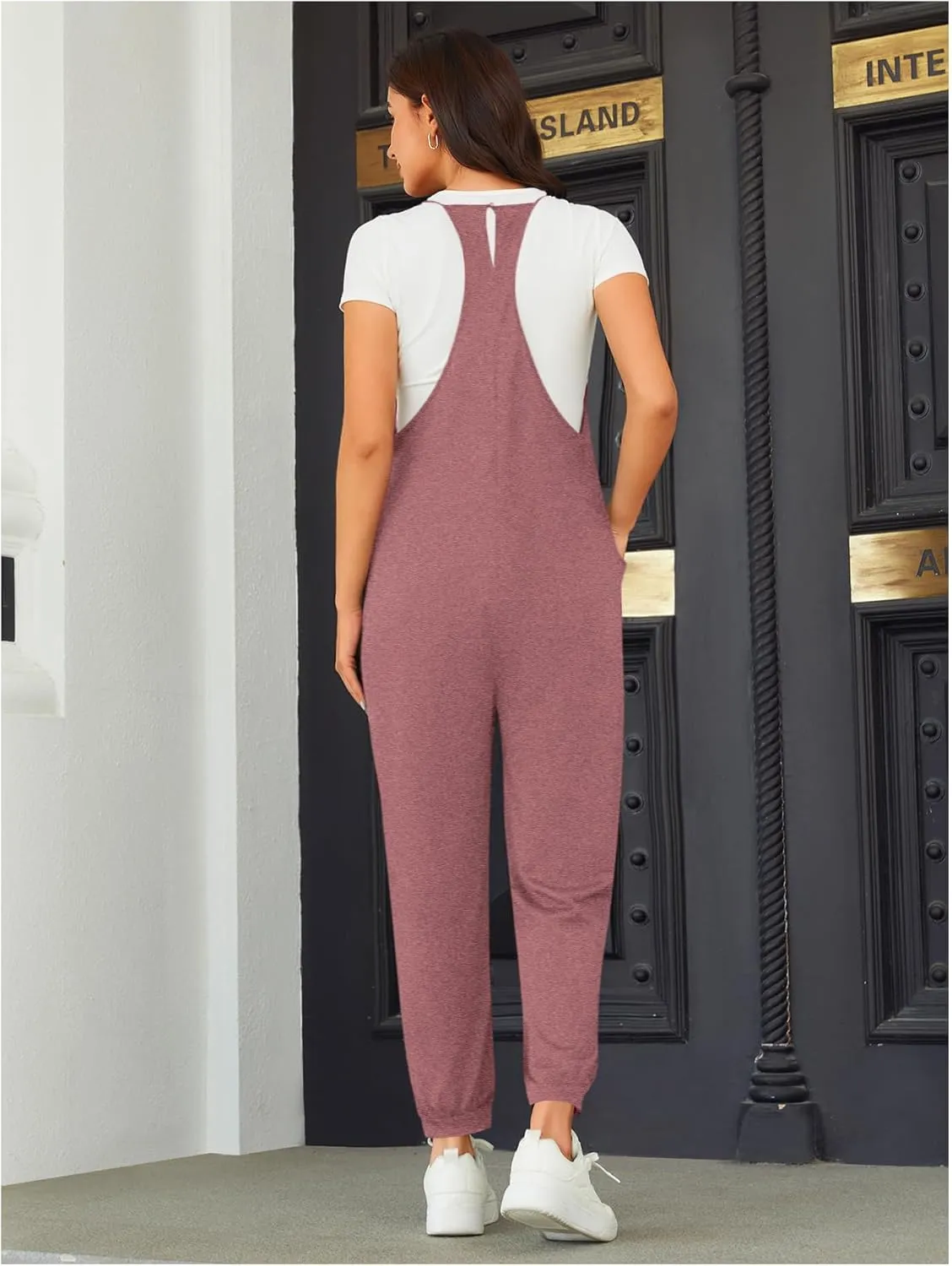 OYOANGLE Women's Causal Sleeveless Harem Leg Suspender Cami Jumpsuit Long Romper with Pockets