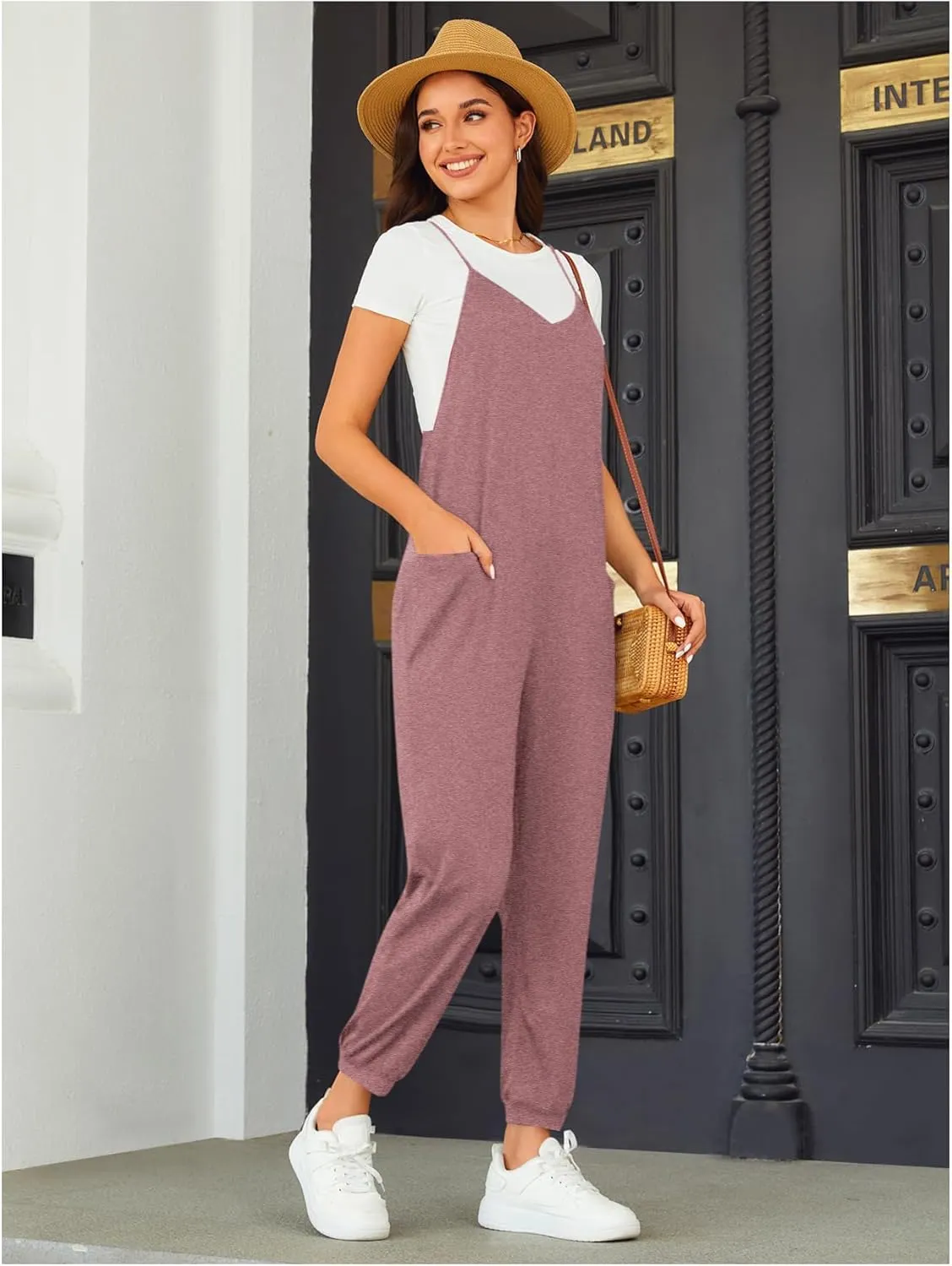 OYOANGLE Women's Causal Sleeveless Harem Leg Suspender Cami Jumpsuit Long Romper with Pockets