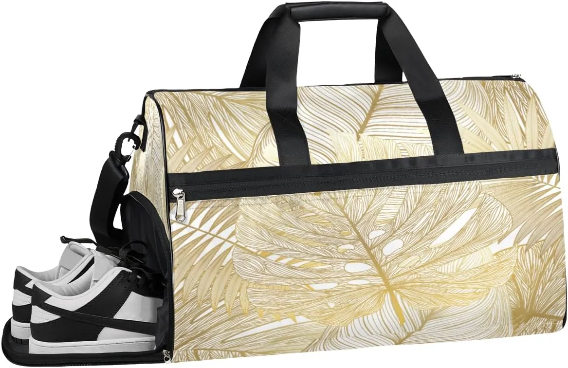Palm Tree Golden Leaves Resistant Sports Gym Bag for Women Men Travel Duffel bag with Wet Pocket & Shoes Compartment Waterproof Weekender Bag 19.7"x9.9"x13"