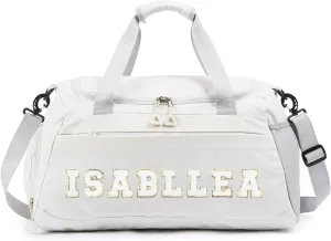 Personalized Duffel Bag with Name | Oxford Cloth Gym Bag with Shoes and Wet Pockets, Sports Bag Weekender Overnight Bag for Traveling for Women Men(White)