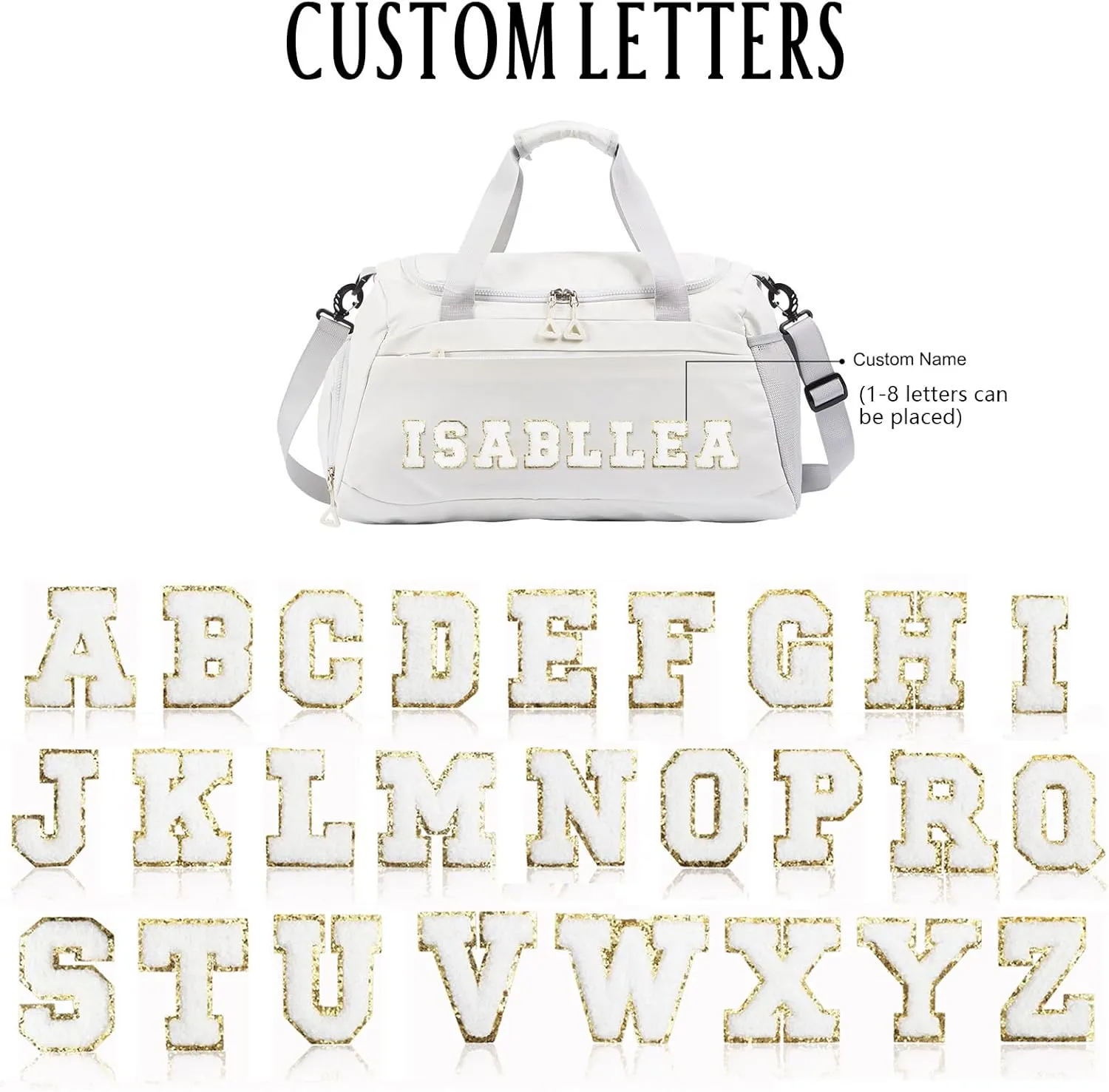 Personalized Duffel Bag with Name | Oxford Cloth Gym Bag with Shoes and Wet Pockets, Sports Bag Weekender Overnight Bag for Traveling for Women Men(White)