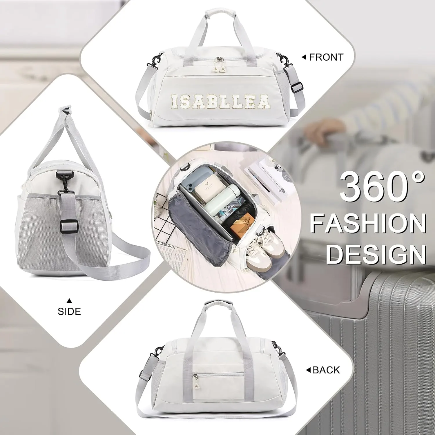 Personalized Duffel Bag with Name | Oxford Cloth Gym Bag with Shoes and Wet Pockets, Sports Bag Weekender Overnight Bag for Traveling for Women Men(White)