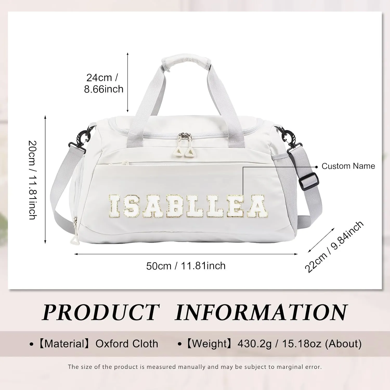 Personalized Duffel Bag with Name | Oxford Cloth Gym Bag with Shoes and Wet Pockets, Sports Bag Weekender Overnight Bag for Traveling for Women Men(White)