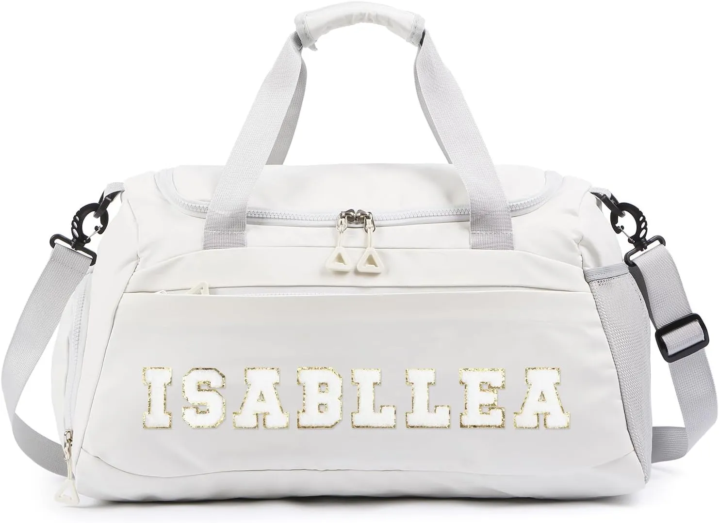 Personalized Duffel Bag with Name | Oxford Cloth Gym Bag with Shoes and Wet Pockets, Sports Bag Weekender Overnight Bag for Traveling for Women Men(White)