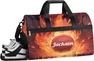 Personalized Gym Bag for Boys Men, Personalized Custom Sports Duffle Bag with Shoes Compartment, Customized Dance Bag Weekender Overnight Bag Travel Duffel Bag, Fire Sports Basketball