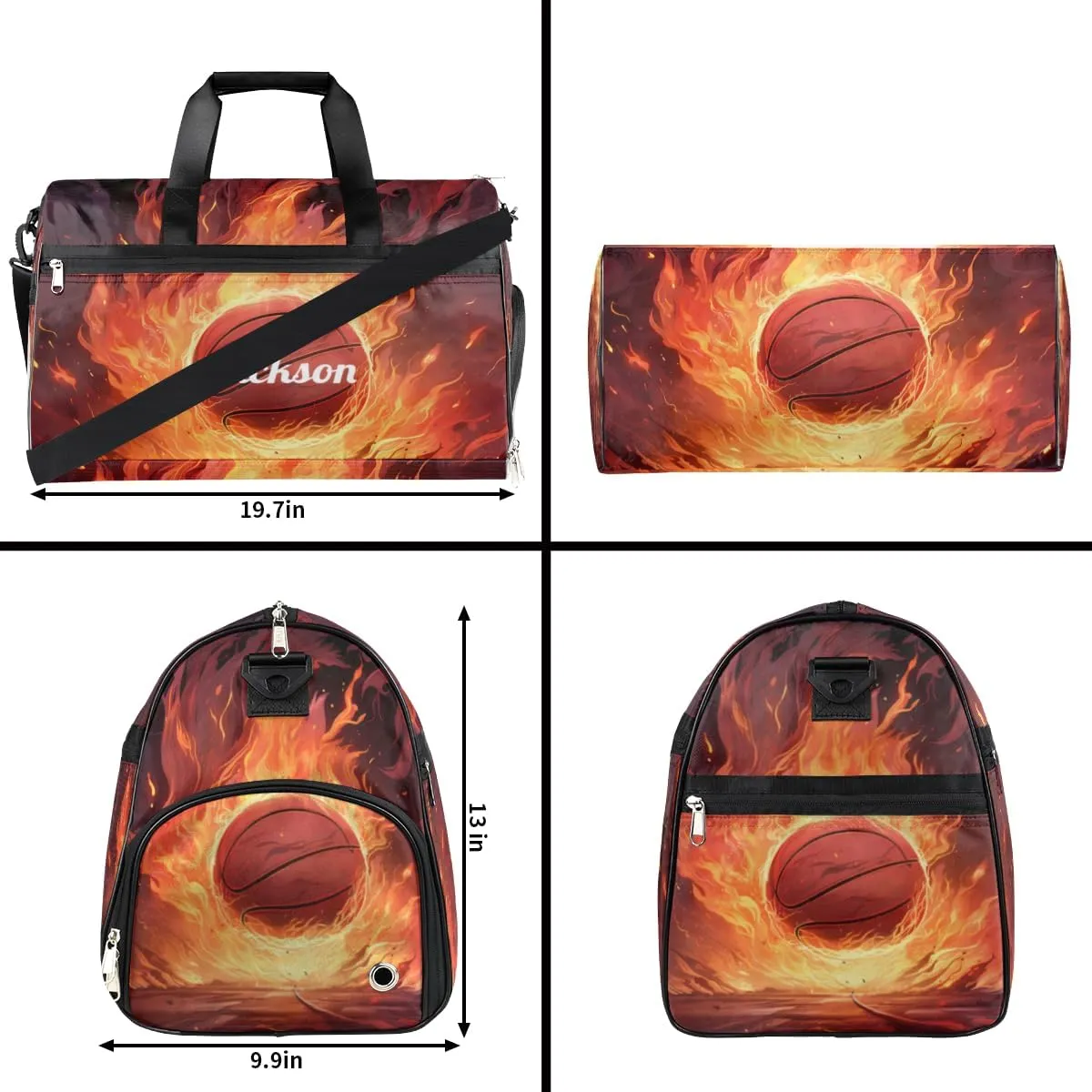 Personalized Gym Bag for Boys Men, Personalized Custom Sports Duffle Bag with Shoes Compartment, Customized Dance Bag Weekender Overnight Bag Travel Duffel Bag, Fire Sports Basketball