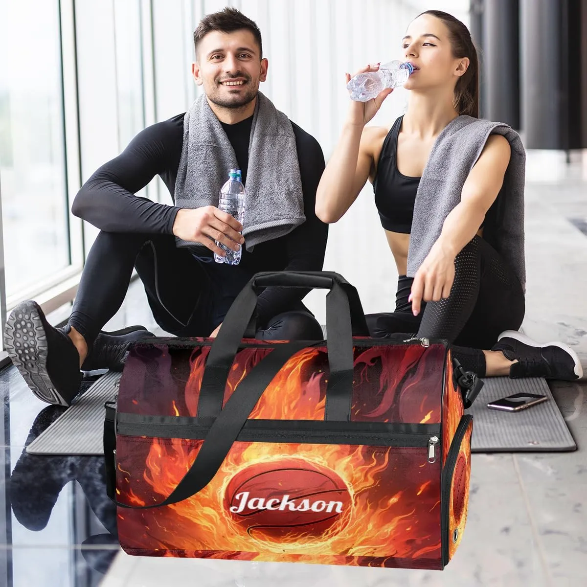 Personalized Gym Bag for Boys Men, Personalized Custom Sports Duffle Bag with Shoes Compartment, Customized Dance Bag Weekender Overnight Bag Travel Duffel Bag, Fire Sports Basketball