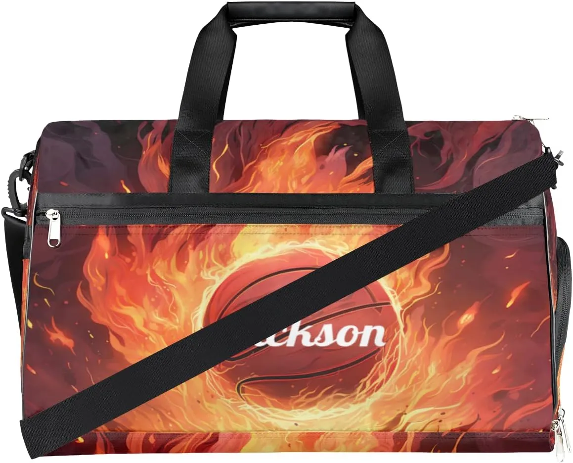 Personalized Gym Bag for Boys Men, Personalized Custom Sports Duffle Bag with Shoes Compartment, Customized Dance Bag Weekender Overnight Bag Travel Duffel Bag, Fire Sports Basketball