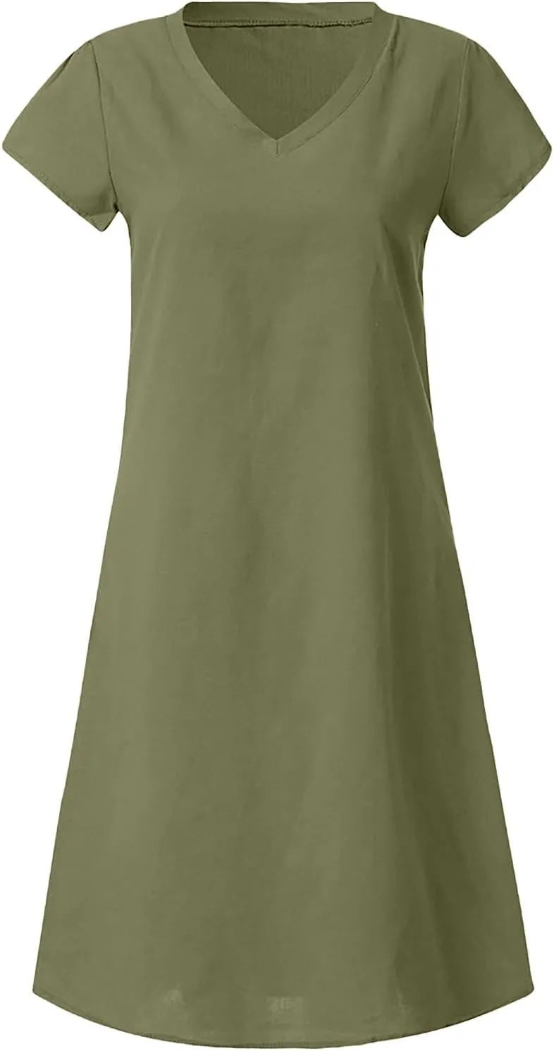 PTOLOCIF Women Cute Cap Sleeve V Neck Dresses Casual Cotton Linen Dress Summer Plain Shift Sundress Knee Length T Shirt Dress