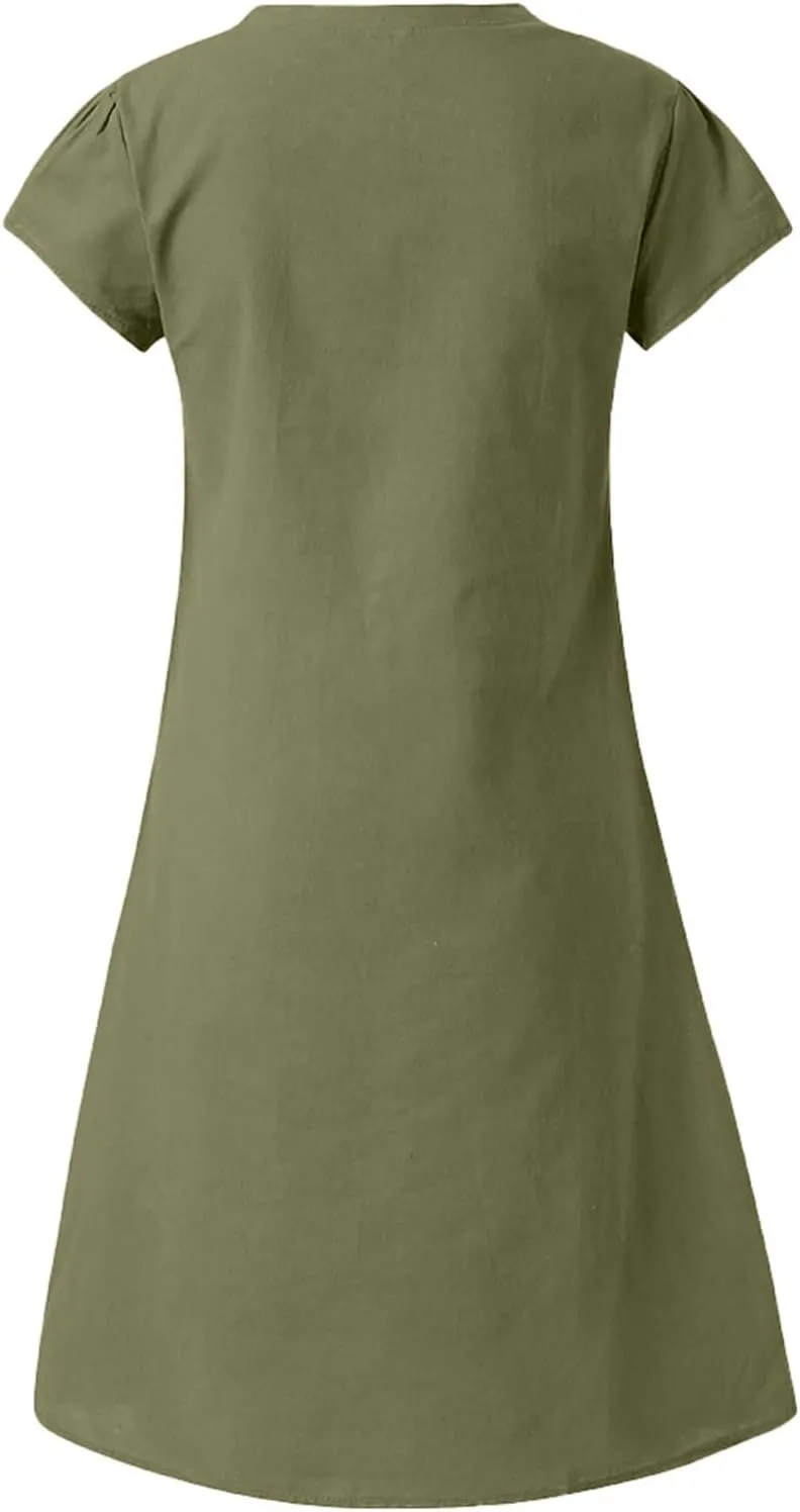 PTOLOCIF Women Cute Cap Sleeve V Neck Dresses Casual Cotton Linen Dress Summer Plain Shift Sundress Knee Length T Shirt Dress