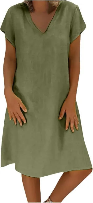 PTOLOCIF Women Cute Cap Sleeve V Neck Dresses Casual Cotton Linen Dress Summer Plain Shift Sundress Knee Length T Shirt Dress