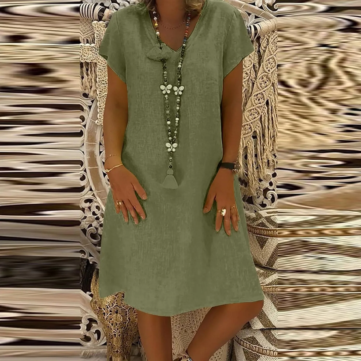 PTOLOCIF Women Cute Cap Sleeve V Neck Dresses Casual Cotton Linen Dress Summer Plain Shift Sundress Knee Length T Shirt Dress