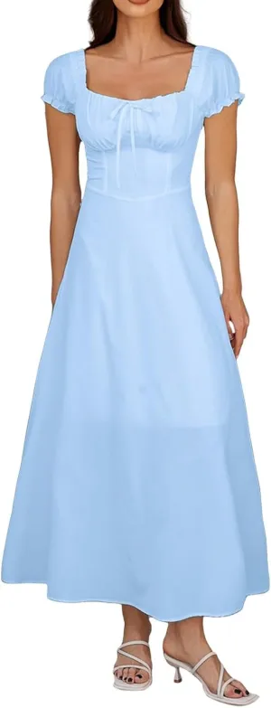 Pure Color Midi Corset Dress Boho Flowy Slit Lace Up Dresses for Women Going Out A Line Casual Sundress Bubble Sleeve