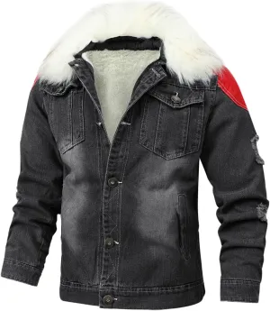 QWENTMTNTY Mens Sherpa Fleece Lined Trucker Jacket Fur Collar Vintage Ripped Denim Jean Jackets Button Down Patchwork Outerwears