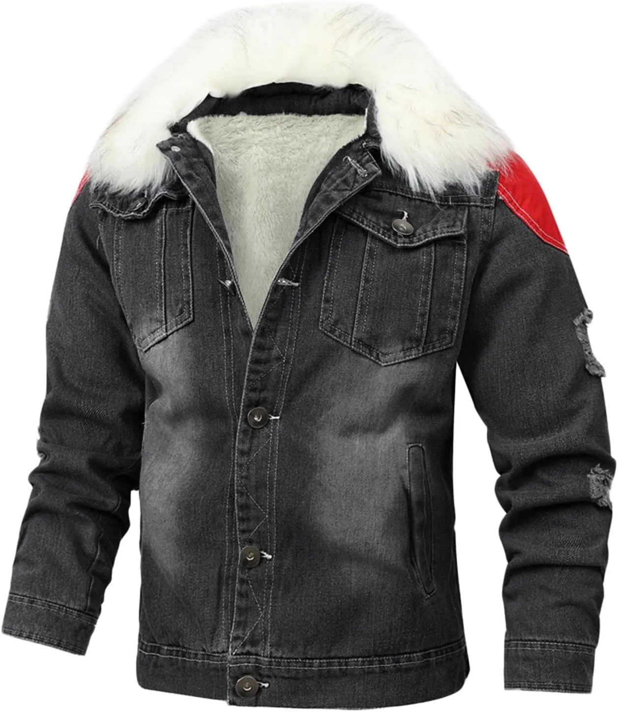 QWENTMTNTY Mens Sherpa Fleece Lined Trucker Jacket Fur Collar Vintage Ripped Denim Jean Jackets Button Down Patchwork Outerwears