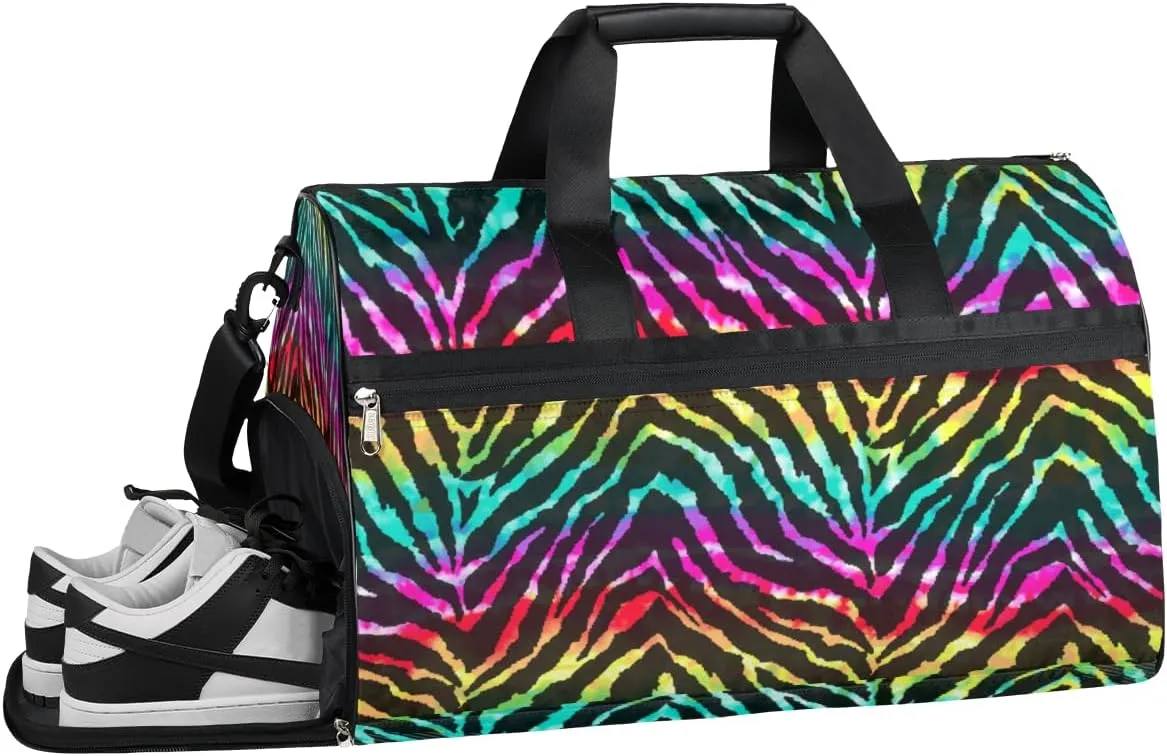 Rainbow Zebra Sports Gym Bag with Wet Pocket & Shoes Compartment Waterproof Workout Duffel Bag for Women and Men Weekender Overnight Duffle Bag Travel Carry-on Tote