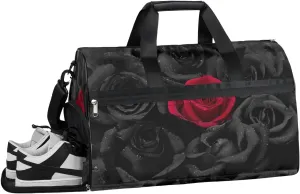 Red Black Rose Sports Gym Bag with Wet Pocket & Shoes Compartment Waterproof Workout Duffel Bag for Women and Men Weekender Overnight Duffle Bag Travel Carry-on Tote
