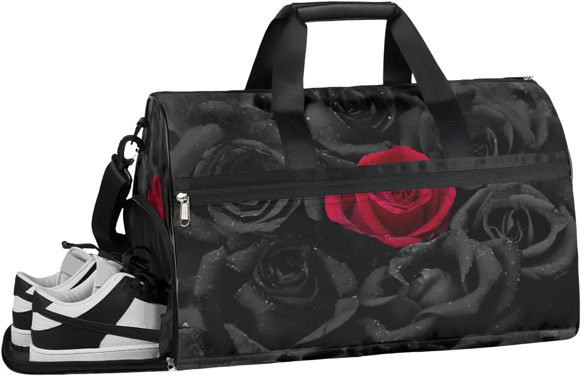 Red Black Rose Sports Gym Bag with Wet Pocket & Shoes Compartment Waterproof Workout Duffel Bag for Women and Men Weekender Overnight Duffle Bag Travel Carry-on Tote