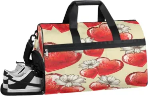 Retro Heart Flower Sports Gym Bag for Women and Men Travel Duffel Bag Overnight Shoulder Bag Waterproof Workout Bag Portable Sports Tote with Shoes Compartment