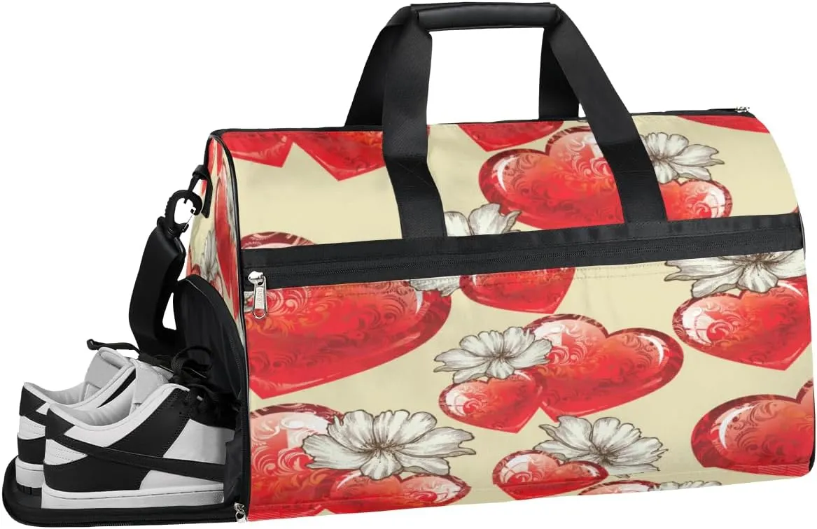 Retro Heart Flower Sports Gym Bag for Women and Men Travel Duffel Bag Overnight Shoulder Bag Waterproof Workout Bag Portable Sports Tote with Shoes Compartment