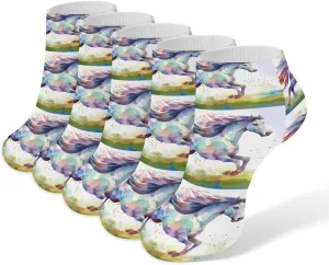 Running Horse Watercolor 5 Pairs Low Cut Ankle Socks for Men Women Athletic Running Socks No Show Breathable