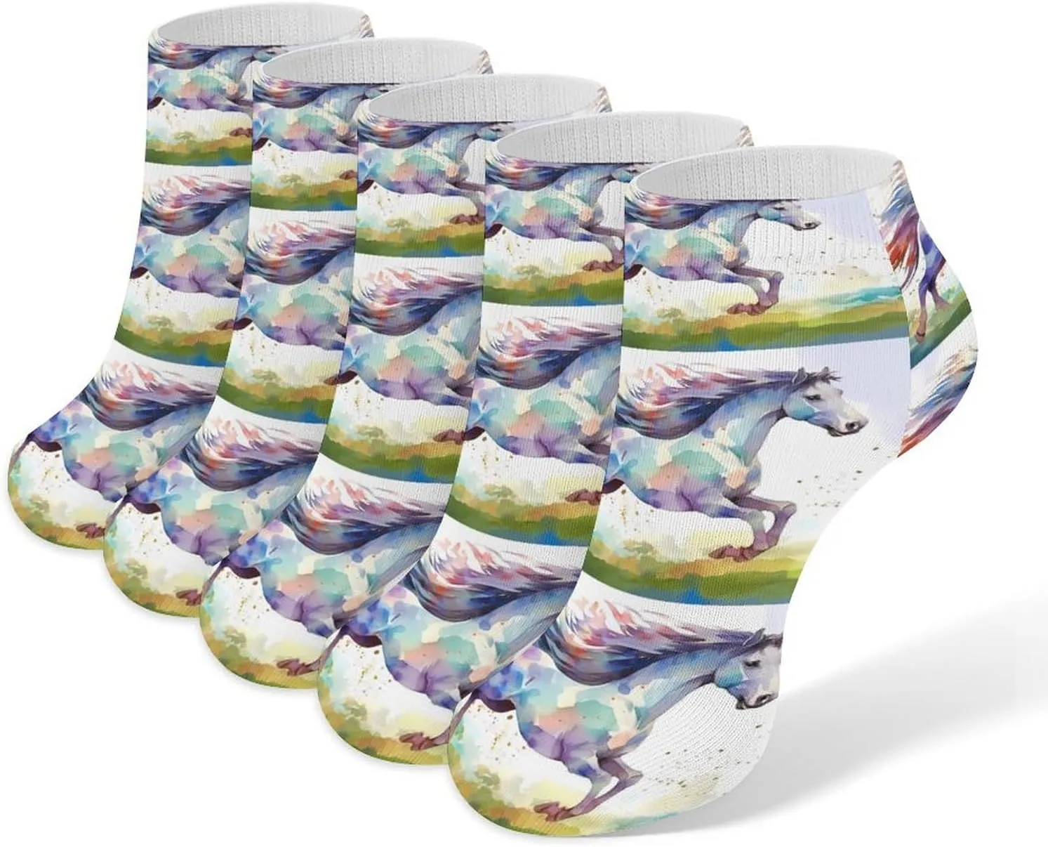 Running Horse Watercolor 5 Pairs Low Cut Ankle Socks for Men Women Athletic Running Socks No Show Breathable