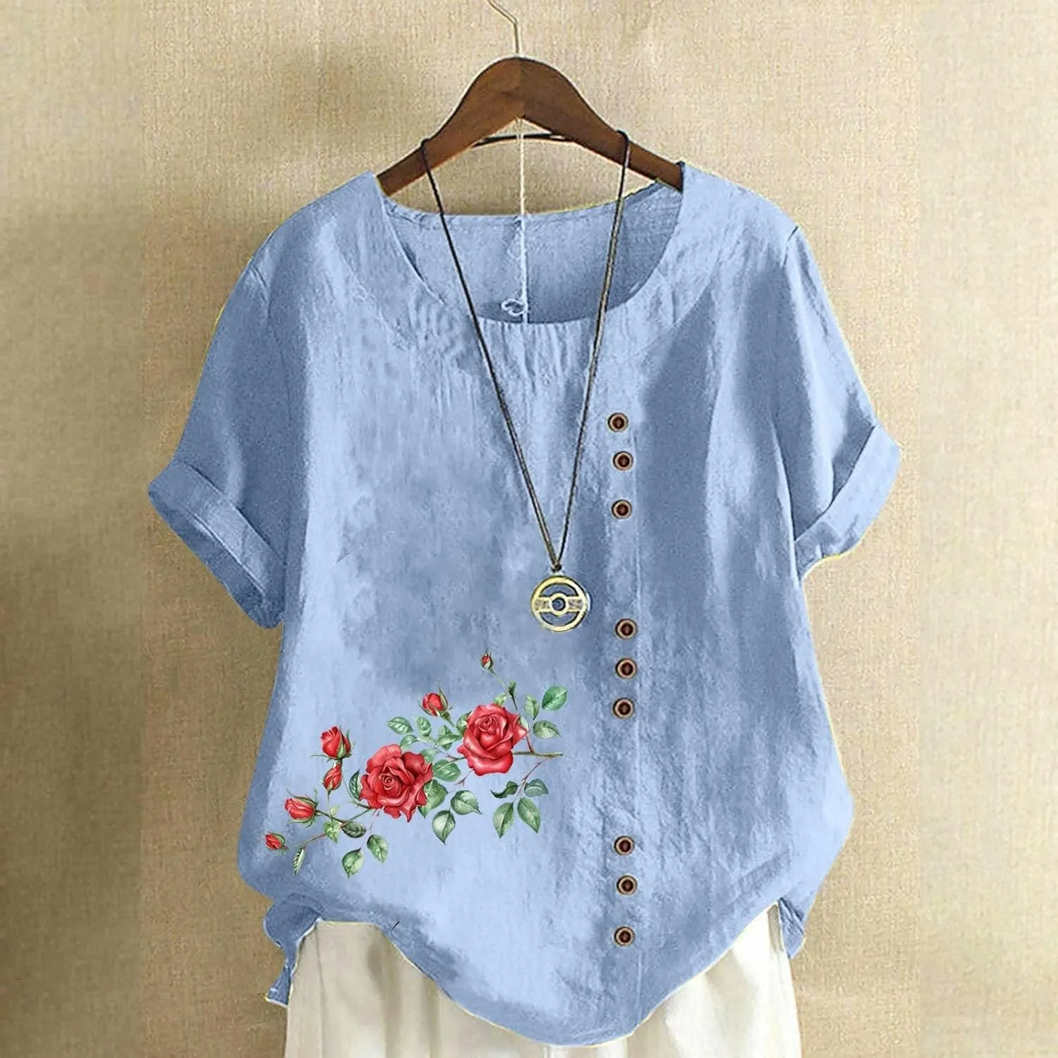 Shirts for Women Cotton and Linen Top Fashionable Round Neck Street Style Simple Printed Short Sleeved Shirt Button Down