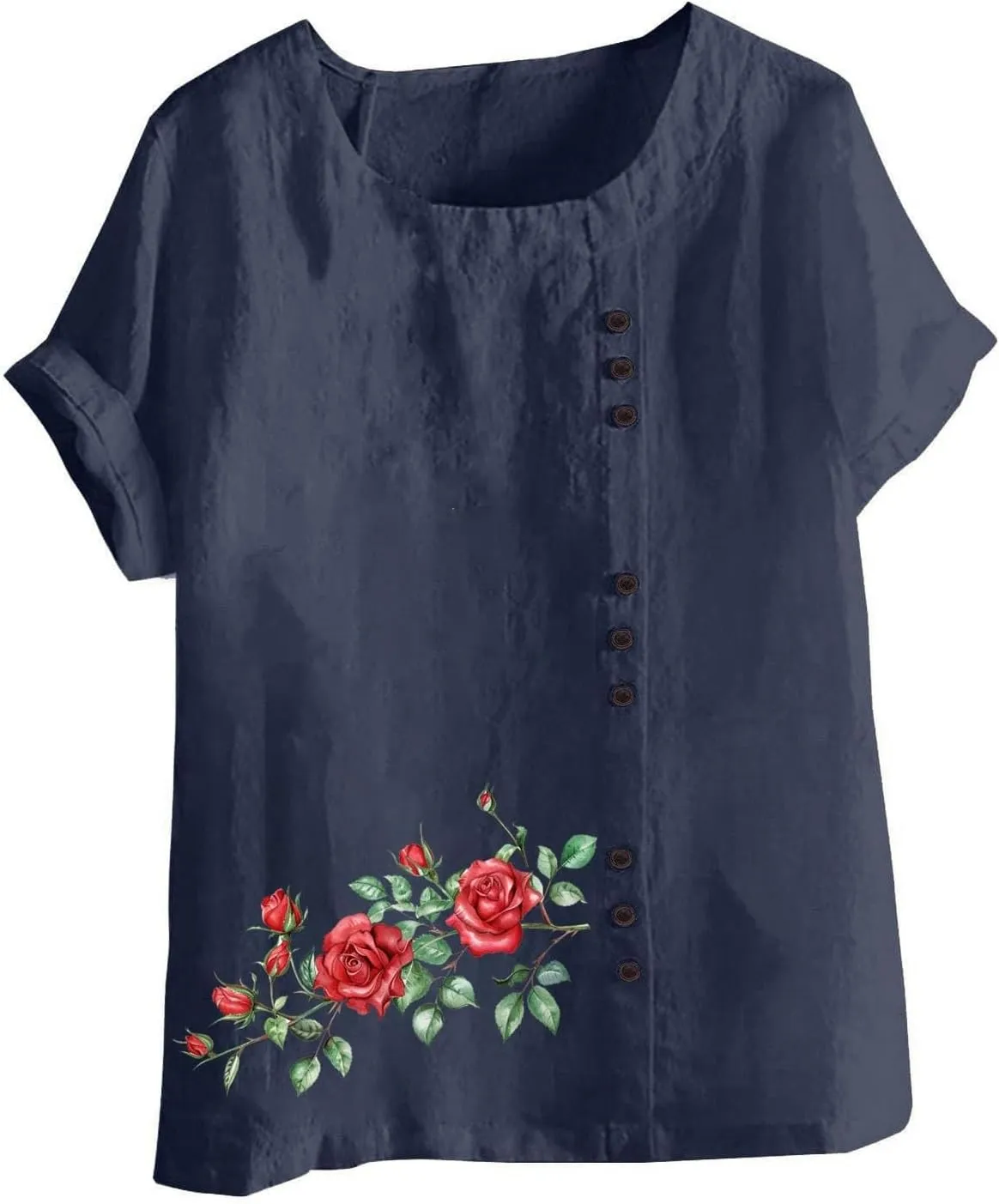 Shirts for Women Cotton and Linen Top Fashionable Round Neck Street Style Simple Printed Short Sleeved Shirt Button Down