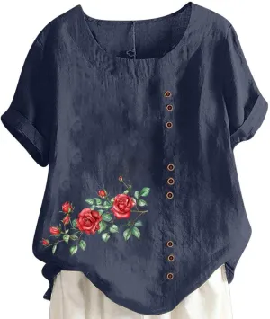 Shirts for Women Cotton and Linen Top Fashionable Round Neck Street Style Simple Printed Short Sleeved Shirt Button Down