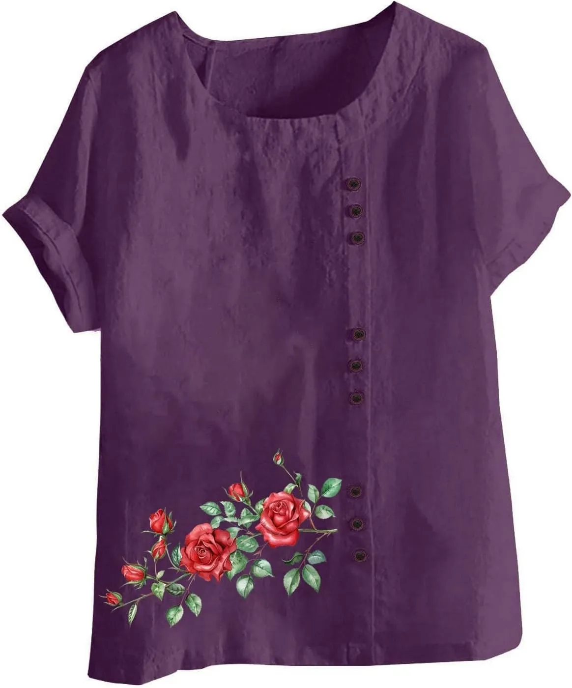Shirts for Women Cotton and Linen Top Fashionable Round Neck Street Style Simple Printed Short Sleeved Shirt Button Down