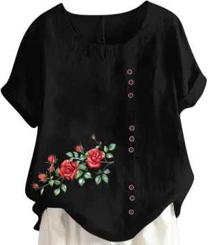 Shirts for Women Cotton and Linen Top Fashionable Round Neck Street Style Simple Printed Short Sleeved Shirt Button Down