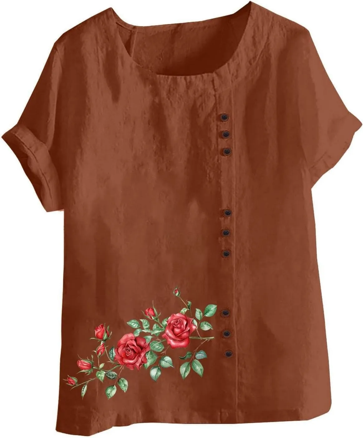Shirts for Women Cotton and Linen Top Fashionable Round Neck Street Style Simple Printed Short Sleeved Shirt Button Down