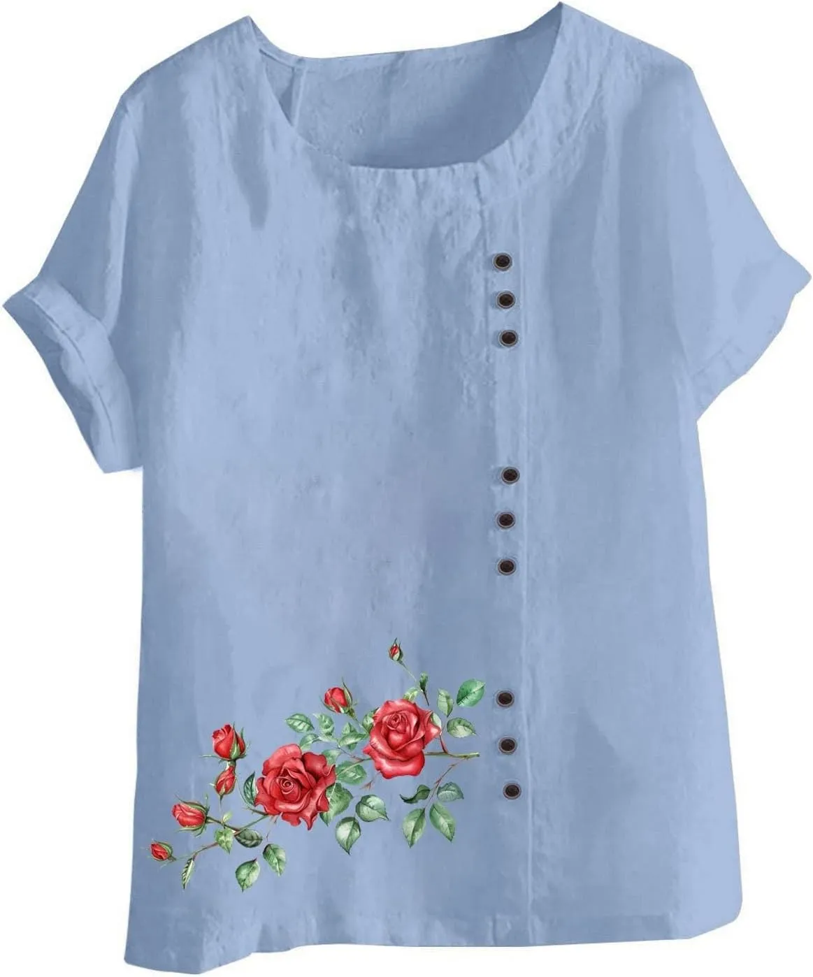 Shirts for Women Cotton and Linen Top Fashionable Round Neck Street Style Simple Printed Short Sleeved Shirt Button Down