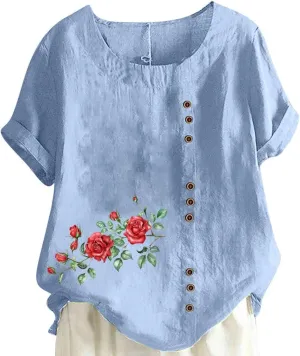Shirts for Women Cotton and Linen Top Fashionable Round Neck Street Style Simple Printed Short Sleeved Shirt Button Down
