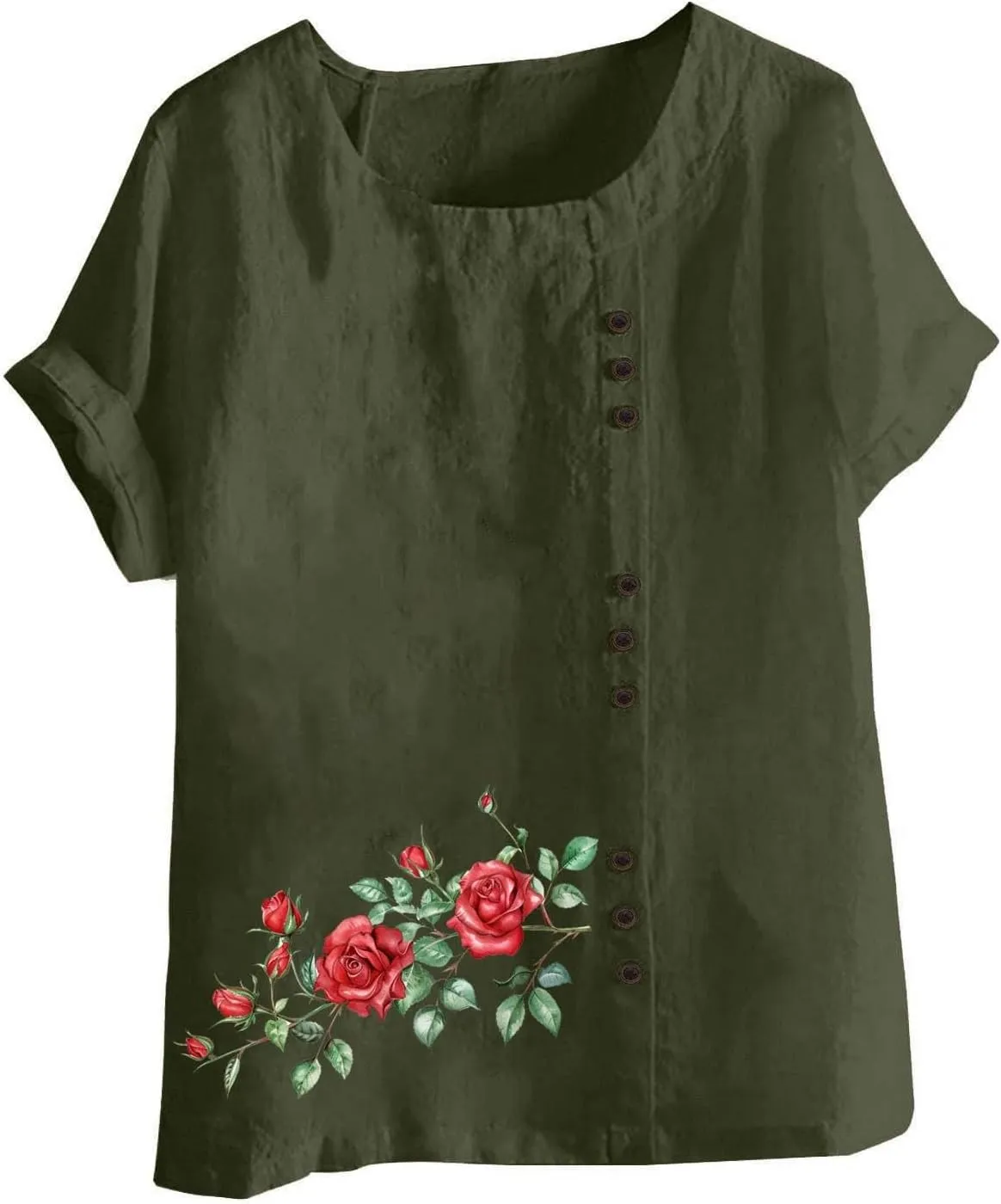 Shirts for Women Cotton and Linen Top Fashionable Round Neck Street Style Simple Printed Short Sleeved Shirt Button Down