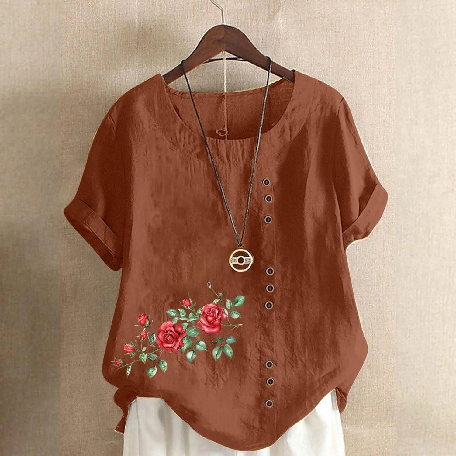 Shirts for Women Cotton and Linen Top Fashionable Round Neck Street Style Simple Printed Short Sleeved Shirt Button Down