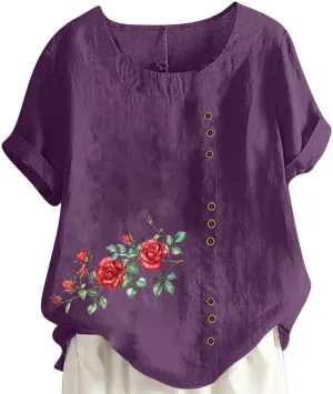 Shirts for Women Cotton and Linen Top Fashionable Round Neck Street Style Simple Printed Short Sleeved Shirt Button Down