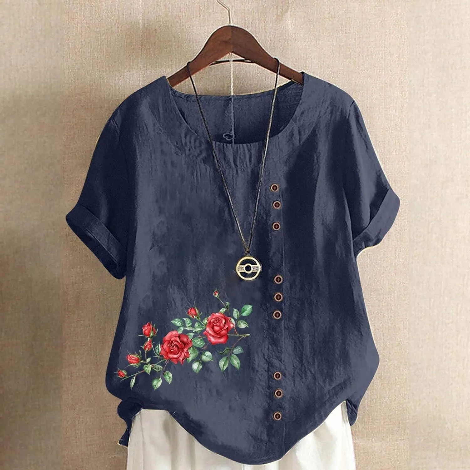 Shirts for Women Cotton and Linen Top Fashionable Round Neck Street Style Simple Printed Short Sleeved Shirt Button Down