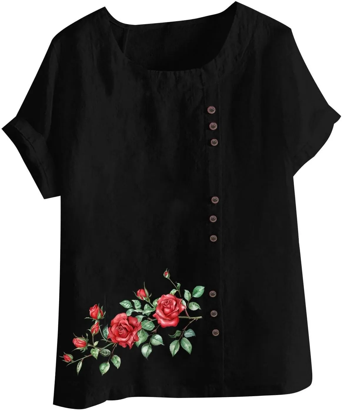 Shirts for Women Cotton and Linen Top Fashionable Round Neck Street Style Simple Printed Short Sleeved Shirt Button Down
