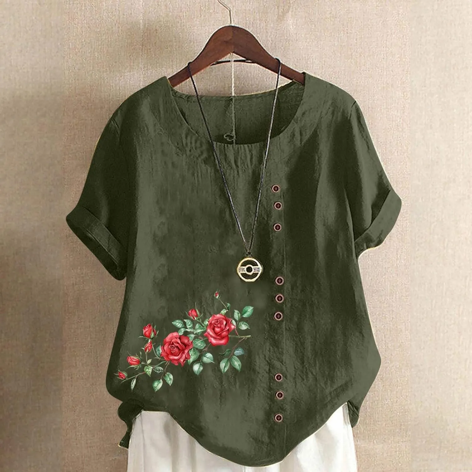 Shirts for Women Cotton and Linen Top Fashionable Round Neck Street Style Simple Printed Short Sleeved Shirt Button Down