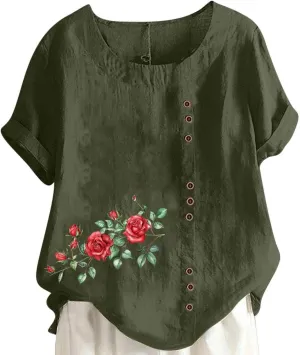 Shirts for Women Cotton and Linen Top Fashionable Round Neck Street Style Simple Printed Short Sleeved Shirt Button Down