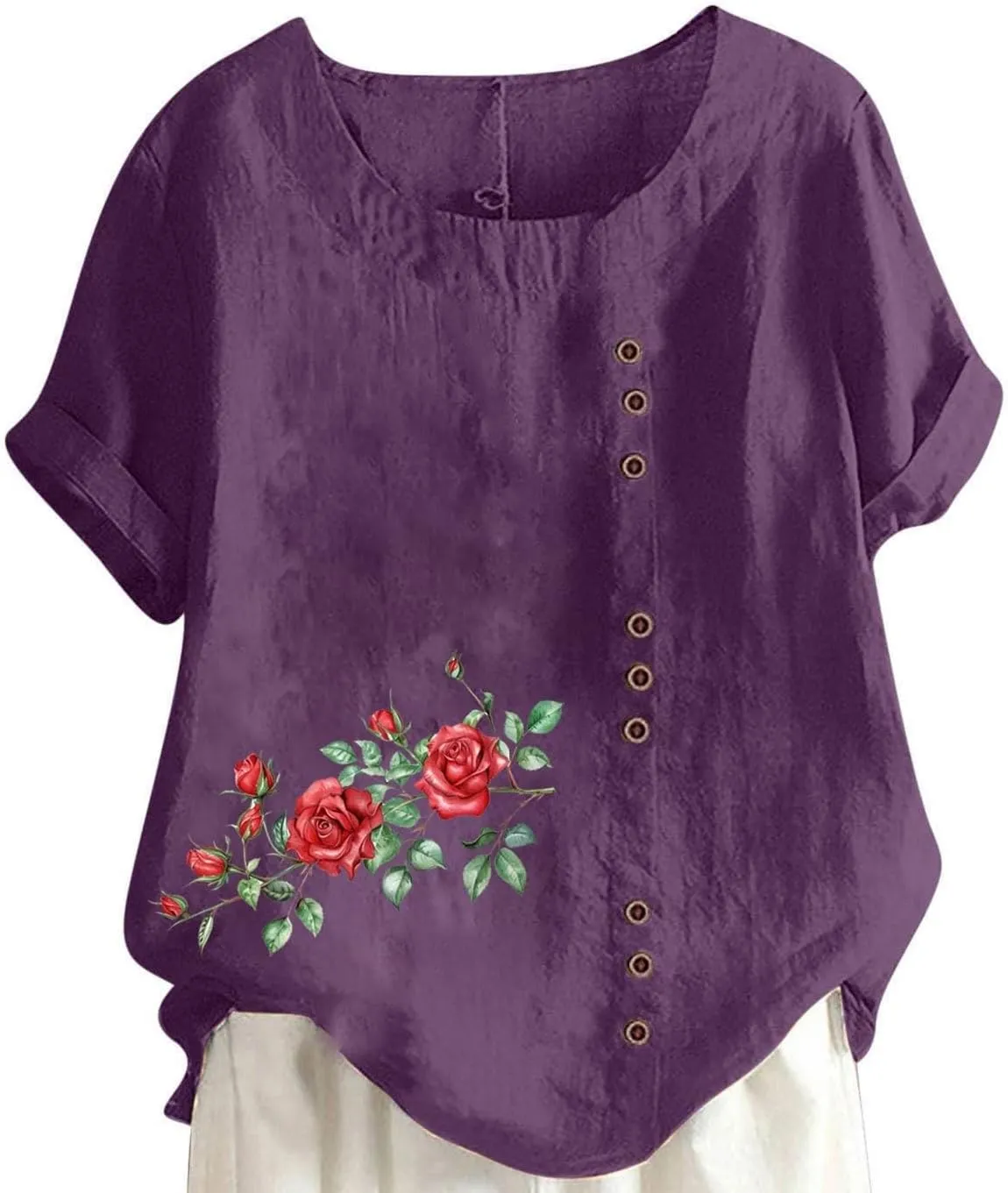 Shirts for Women Cotton and Linen Top Fashionable Round Neck Street Style Simple Printed Short Sleeved Shirt Button Down